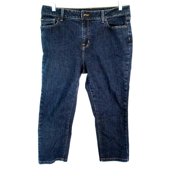 L.L. Bean Women's Mid Rise Dark Wash Stretch Blue Jean Capri Pants Size 14 - Picture 1 of 9